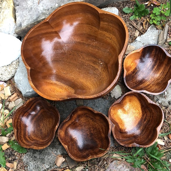 Monkey Pod Wooden Bowl Set-Large Bowl with 4 Smaller Bowls-GUC-Vintage - Picture 2 of 16